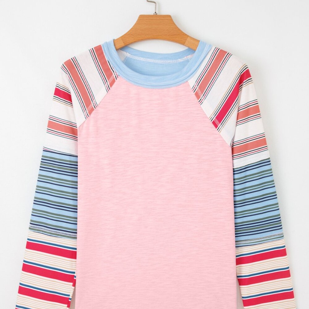 B354 Pink Color Block Round Neck Exposed Seam Patchwork Striped Long Sleeve Top - Picture 9 of 11